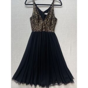 Dress The Population Gold Black Sequin Midi‎ Dress Ballet Flowy Deep V Neck XS